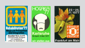Werbemarken aus den 1970er Jahren: Rehabilitation, Düsseldorf 1977 - Hogaka, Karlsruhe 1977 - interstoff, Frankfurt a.M. 1977 (Fotos © AUMA)
