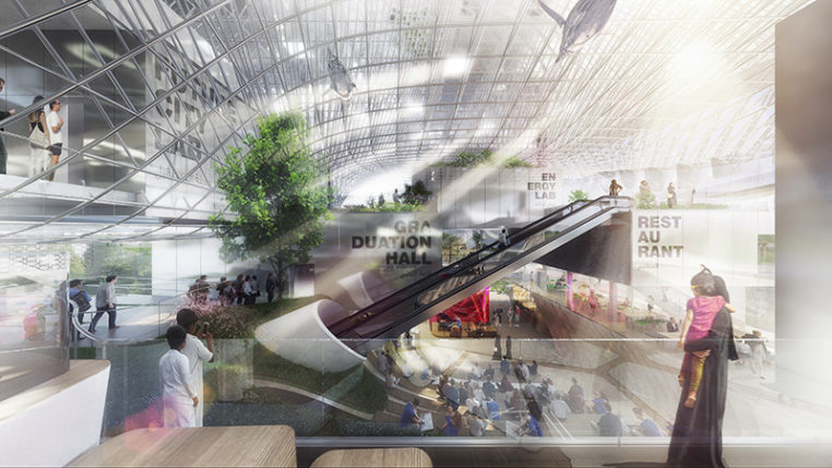 Deutscher Pavillon: Das Atrium mit Blick auf die Labs und die Bühne